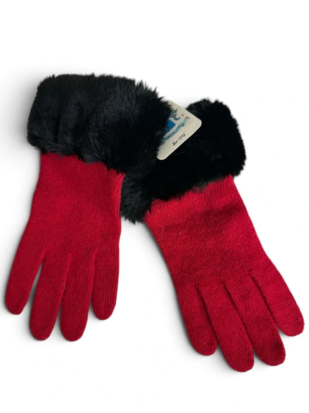 Portolano Red Soft Lambswool Knit Gloves Black Faux Fur Cuffs NWT